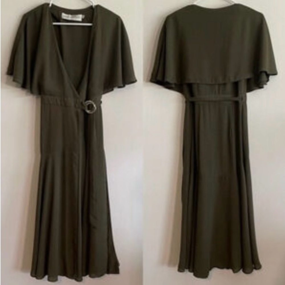 Fame & Partners Flutter Sleeve Midi Wrap Dress Olive Green Size 8